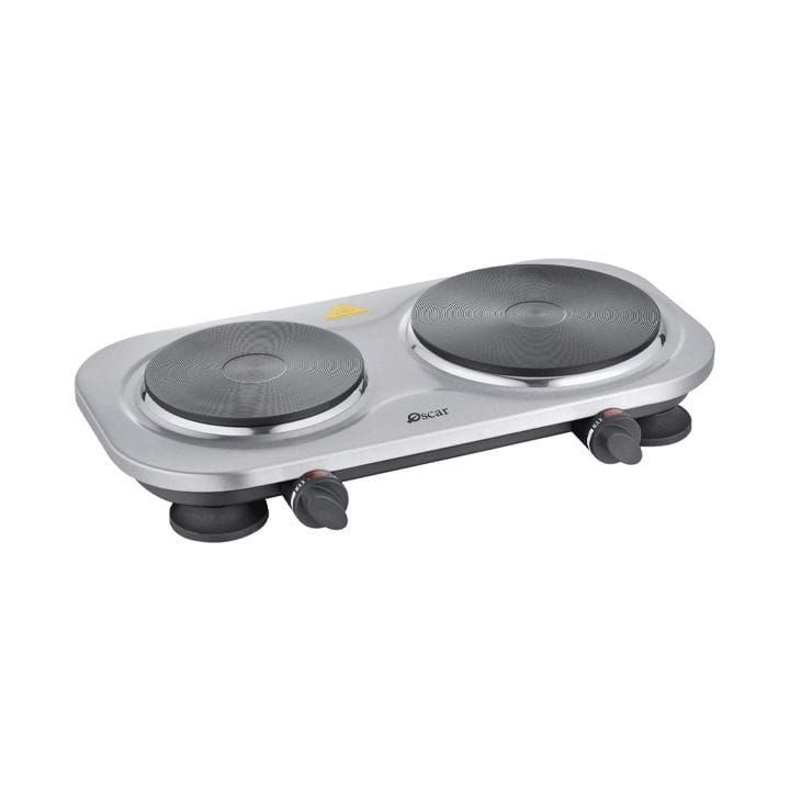Oscar Electric Double Hot Plate 1000+1500W, Cast Iron Plates, Adjustable Heat Control, Safety Protection, Compact Build - Silver - OHP-20S1