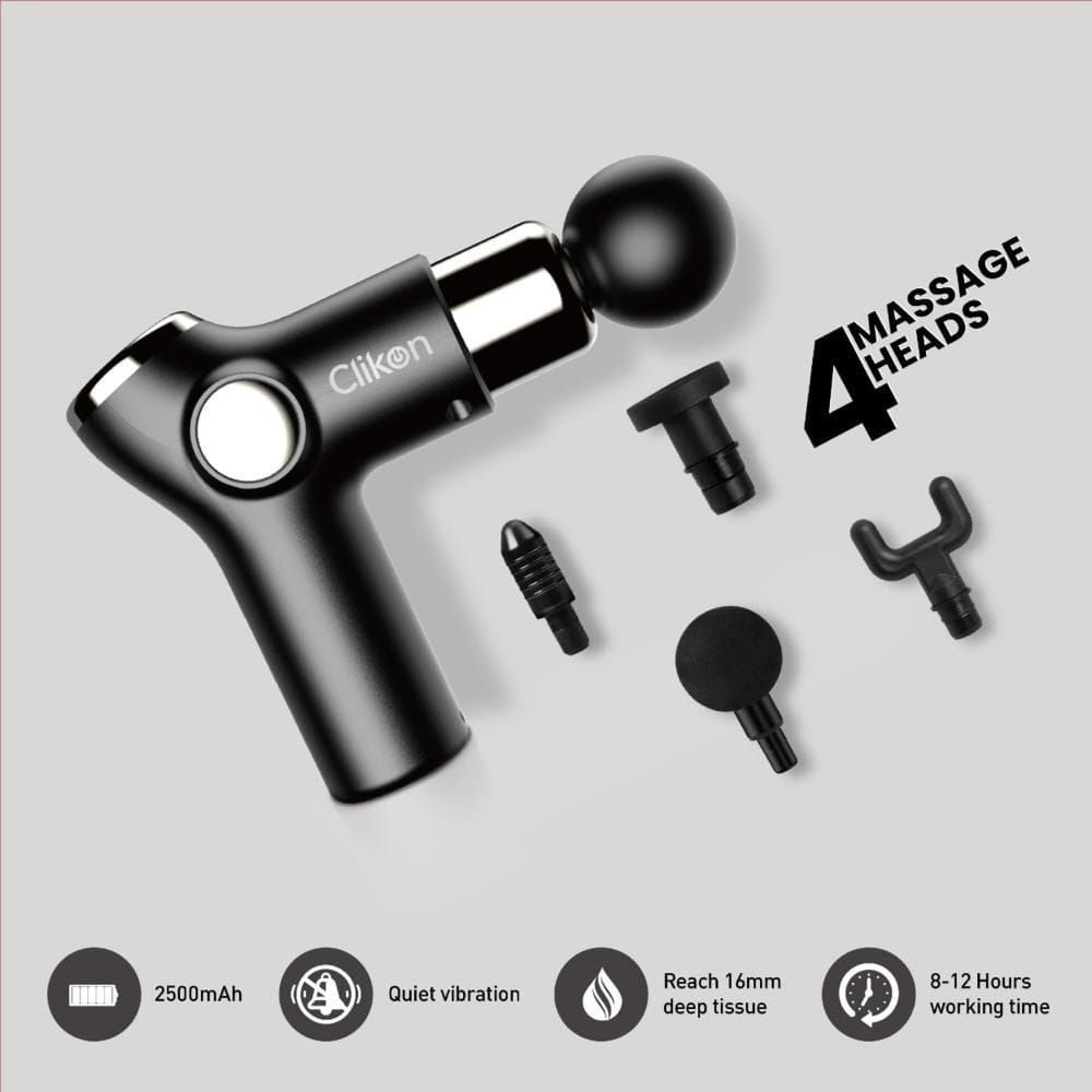 Clikon Percussion Muscle Massager Deep Tissue Massage Gun, Multiple Speed Modes, Rechargeable Portable Recovery Device | Matte Black/Silver - CK4042