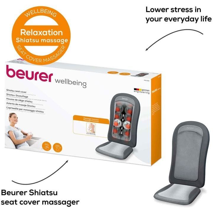 Beurer MG-206 Seat Massager – Shiatsu Back Massage, 3 Massage Zones, Switchable Heat Function, Removable Neck Cushion - Grey