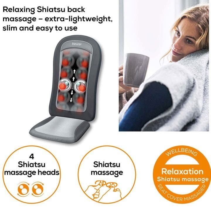 Beurer MG-206 Seat Massager – Shiatsu Back Massage, 3 Massage Zones, Switchable Heat Function, Removable Neck Cushion - Grey