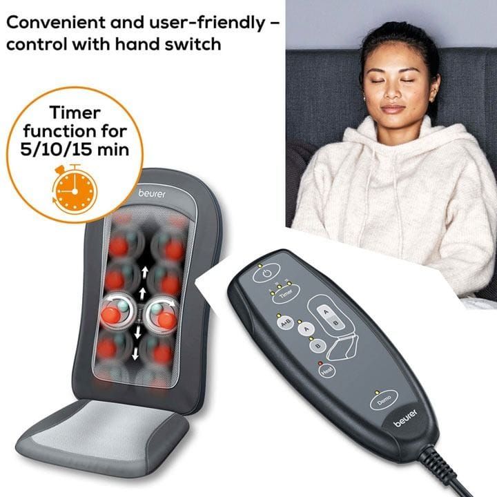 Beurer MG-206 Seat Massager – Shiatsu Back Massage, 3 Massage Zones, Switchable Heat Function, Removable Neck Cushion - Grey
