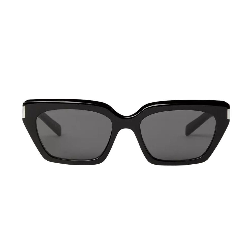 Saint Laurent SL 826 Cat-Eye Sunglasses – Engraved Logo Temples, Narrow Acetate Frame, UV Protection Lenses | Black/Black - 889652604947