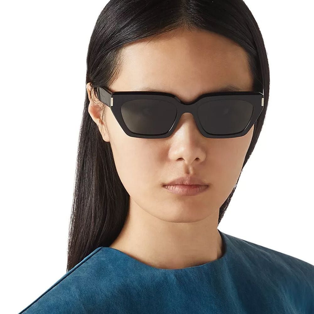 Saint Laurent SL 826 Cat-Eye Sunglasses – Engraved Logo Temples, Narrow Acetate Frame, UV Protection Lenses | Black/Black - 889652604947