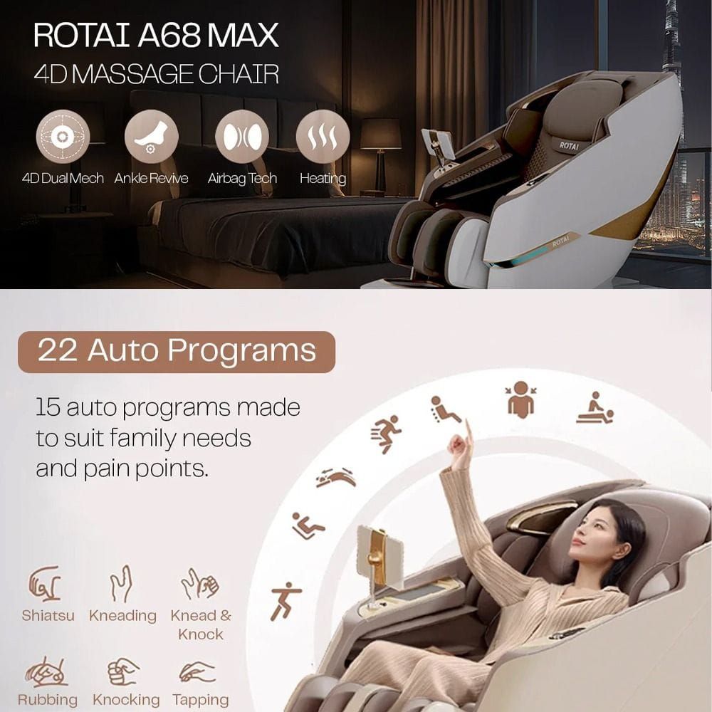 Rotai Massage Chair with 3D Dual Movement, AI Smart Massage, 22 Auto Programs, Hot Compress, Foot Roller & Air Cooling- White | A68MAX