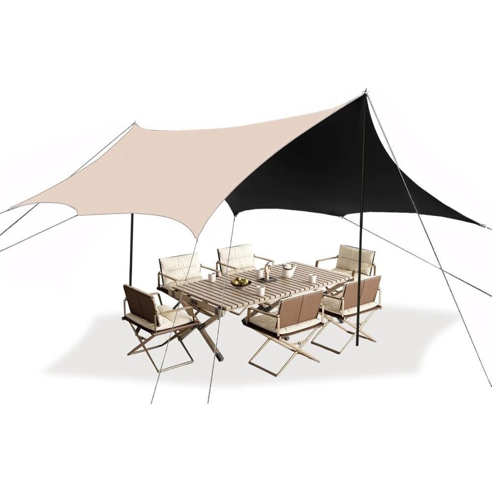 VAODO Large Camping Tarp with Poles, 3 x 4.5m Waterproof 210D Oxford Octagonal Canopy with Anti-UV Protection