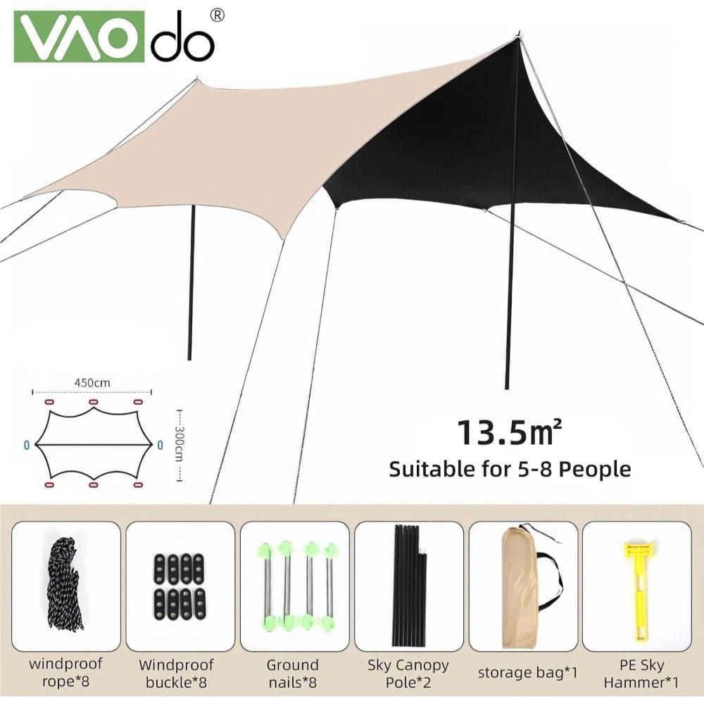 VAODO Large Camping Tarp with Poles, 3 x 4.5m Waterproof 210D Oxford Octagonal Canopy with Anti-UV Protection