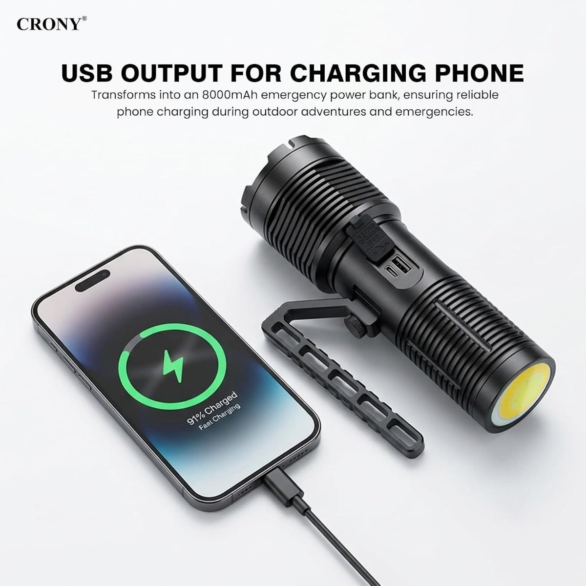 CRONY S2303 Rechargeable LED Tactical Flashlight, 3200 Lumens, 11 Modes, Zoomable Beam, LCD Display, IPX7 Waterproof