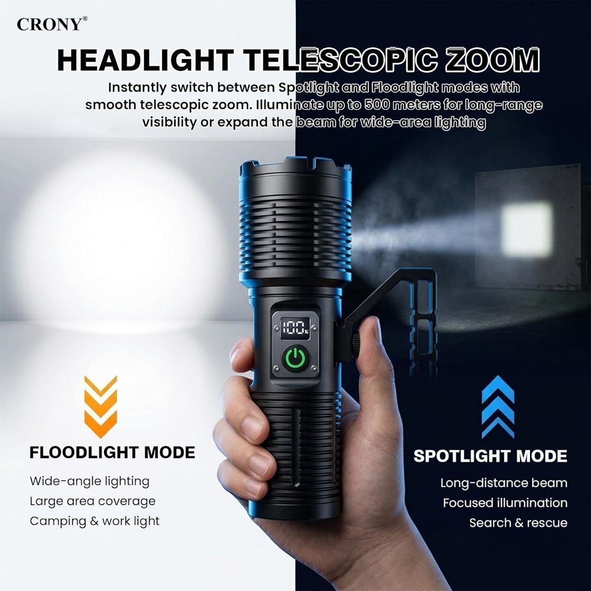 CRONY S2303 Rechargeable LED Tactical Flashlight, 3200 Lumens, 11 Modes, Zoomable Beam, LCD Display, IPX7 Waterproof