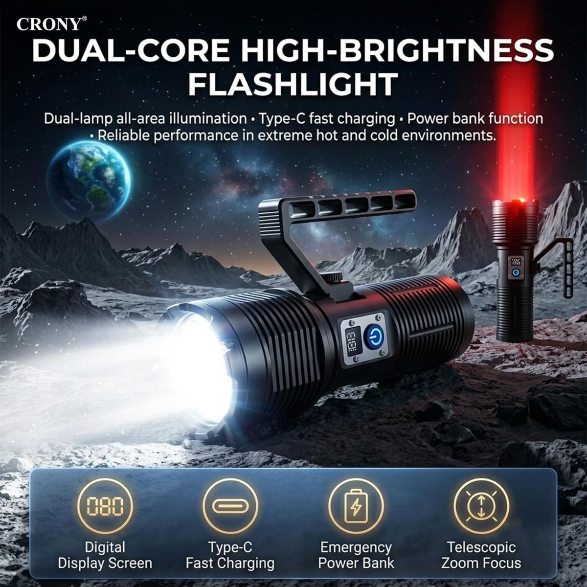 CRONY S2303 Rechargeable LED Tactical Flashlight, 3200 Lumens, 11 Modes, Zoomable Beam, LCD Display, IPX7 Waterproof