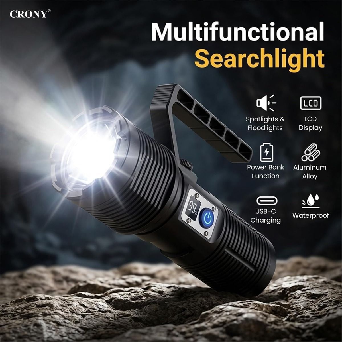 CRONY S2303 Rechargeable LED Tactical Flashlight, 3200 Lumens, 11 Modes, Zoomable Beam, LCD Display, IPX7 Waterproof