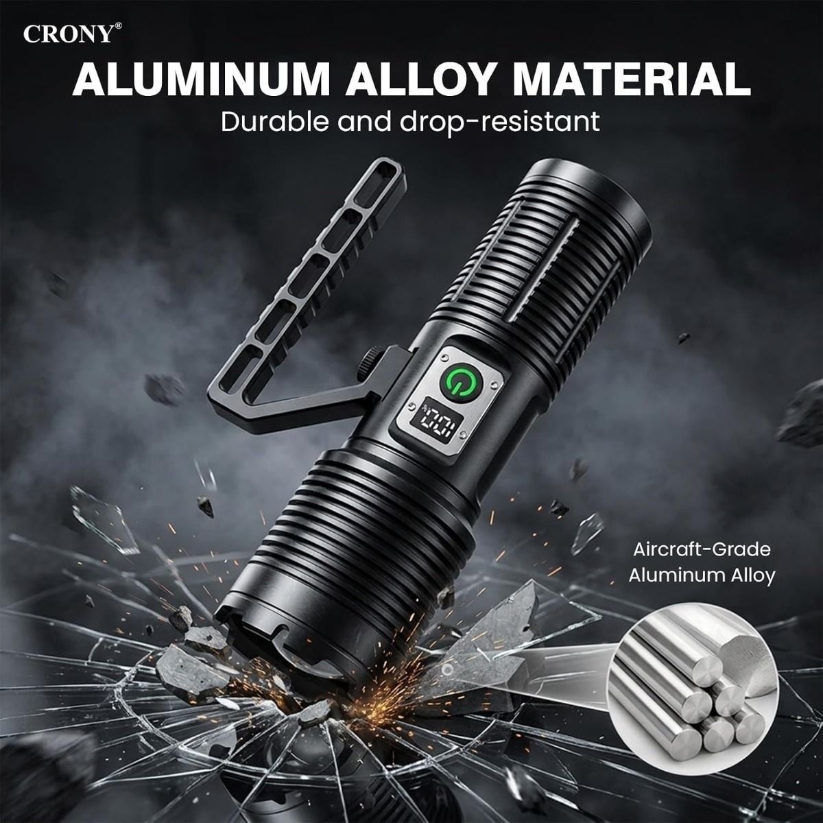 CRONY S2303 Rechargeable LED Tactical Flashlight, 3200 Lumens, 11 Modes, Zoomable Beam, LCD Display, IPX7 Waterproof