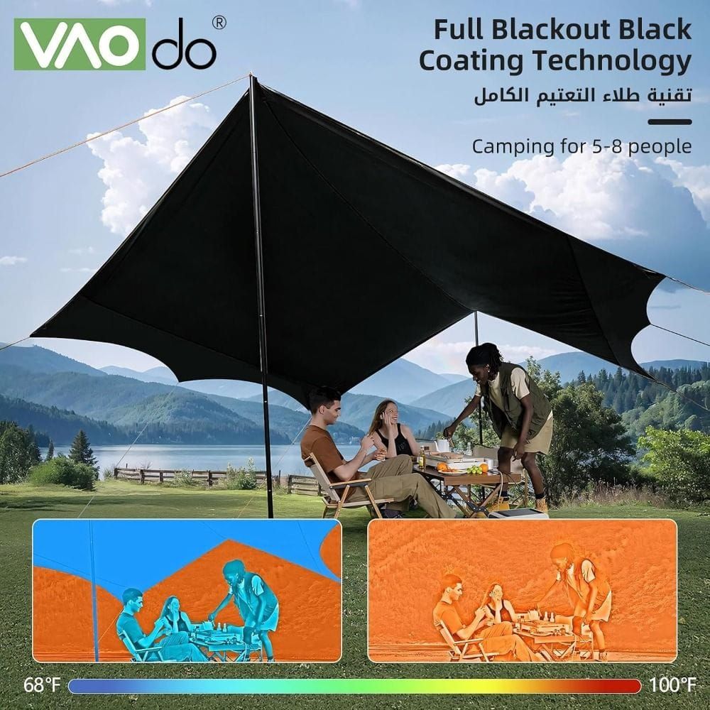 VAODO Large Camping Tarp with Poles, 3 x 4.5m Waterproof 210D Oxford Octagonal Canopy with Anti-UV Protection