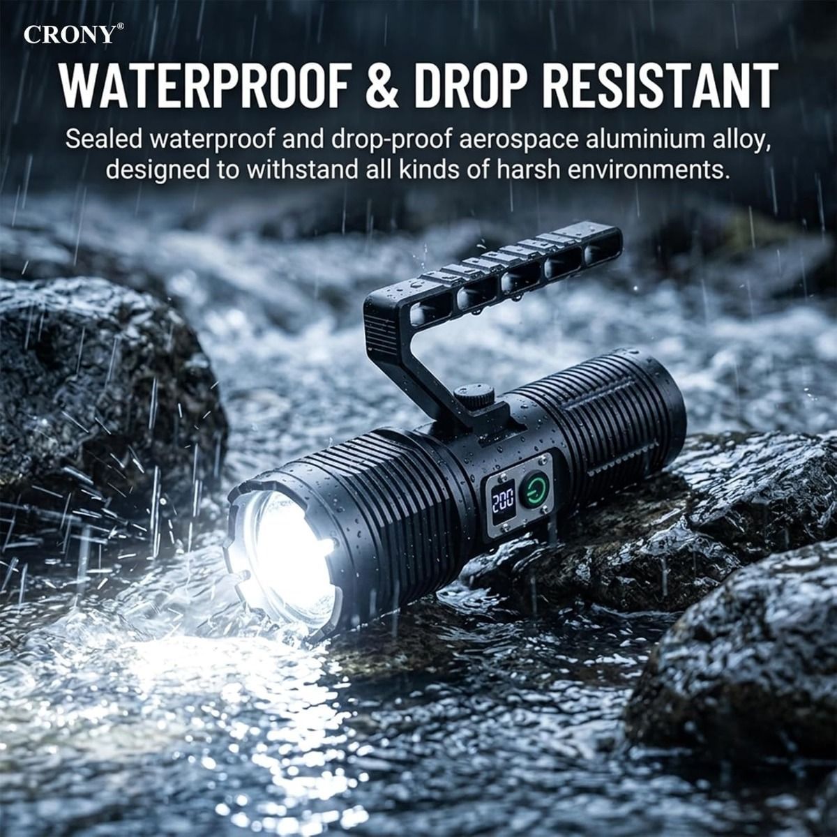 CRONY S2303 Rechargeable LED Tactical Flashlight, 3200 Lumens, 11 Modes, Zoomable Beam, LCD Display, IPX7 Waterproof
