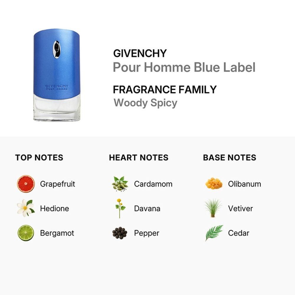 Givenchy Pour Homme Blue Label Eau de Toilette for Men, Fresh Woody Citrus Fragrance with Grapefruit, Pepper, Cedarwood & Vetiver - 100ml