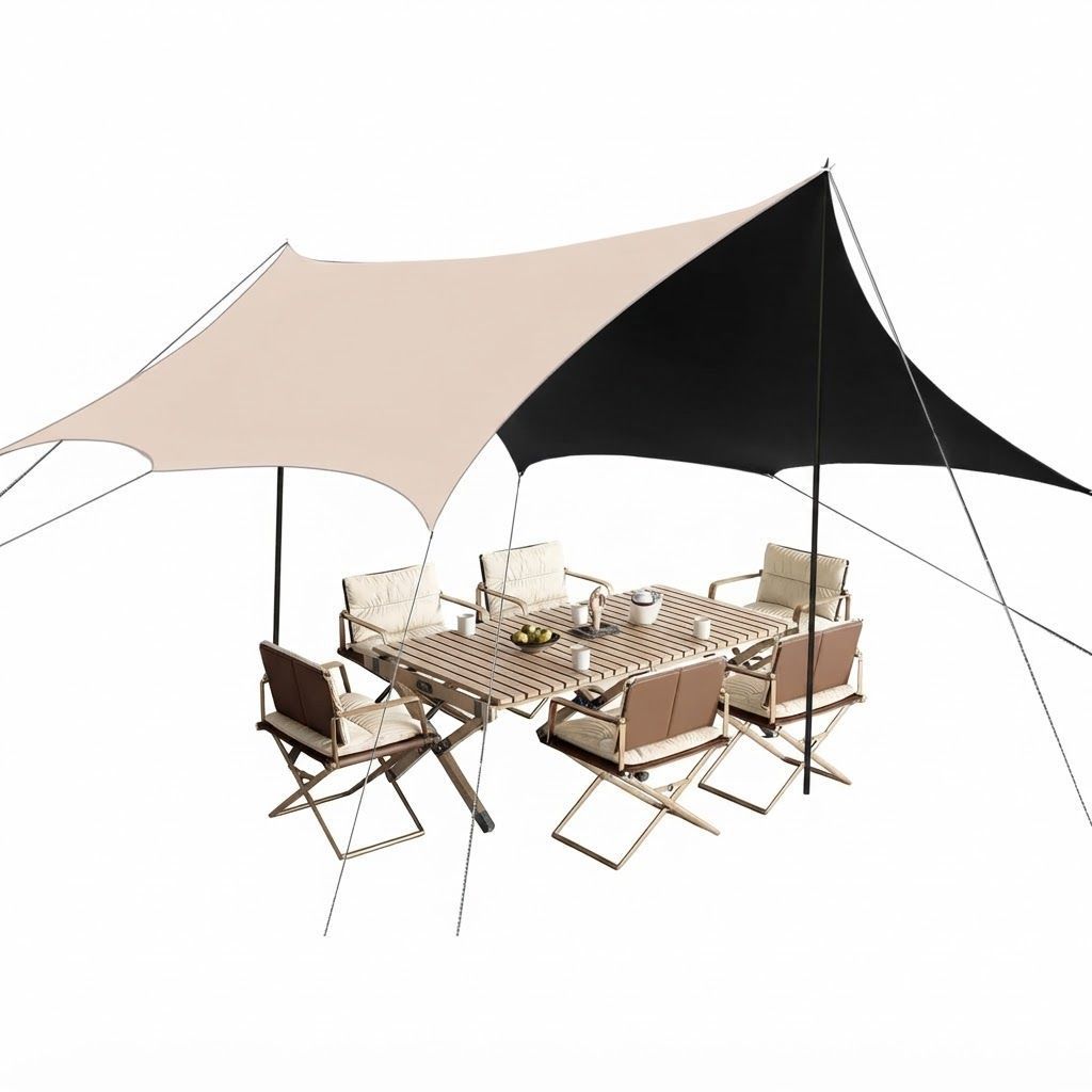 VAODO Large Camping Tarp with Poles, 3 x 4.5m Waterproof 210D Oxford Octagonal Canopy with Anti-UV Protection