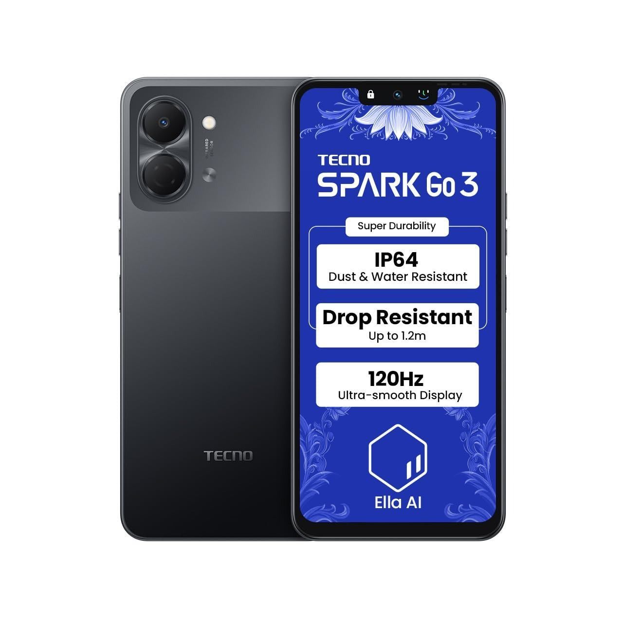 Tecno Spark Go 3 (KN3) 4GB+64GB, 120Hz Display, Unisoc T7250, 5000mAh Battery, IP64 | Ink Black | 10082749